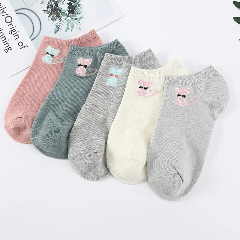 5 пар милых женских носков Harajuku, мягкие носки с изображением кота из мультфильма хлопковые забавные короткие носки-башмачки Прямая поставка PW21