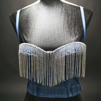 

Crystal Tassel Crop Top Women Tank Summer Top Cropped Woman Clothes Sexy Camis Denim Bra Backless Bustier Party Club Top