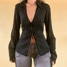 

Vintage Stripe Decorated sleeve cardigan women's lace shirts Deep V Neck elegant fashion with one button blouse and Y2K tops