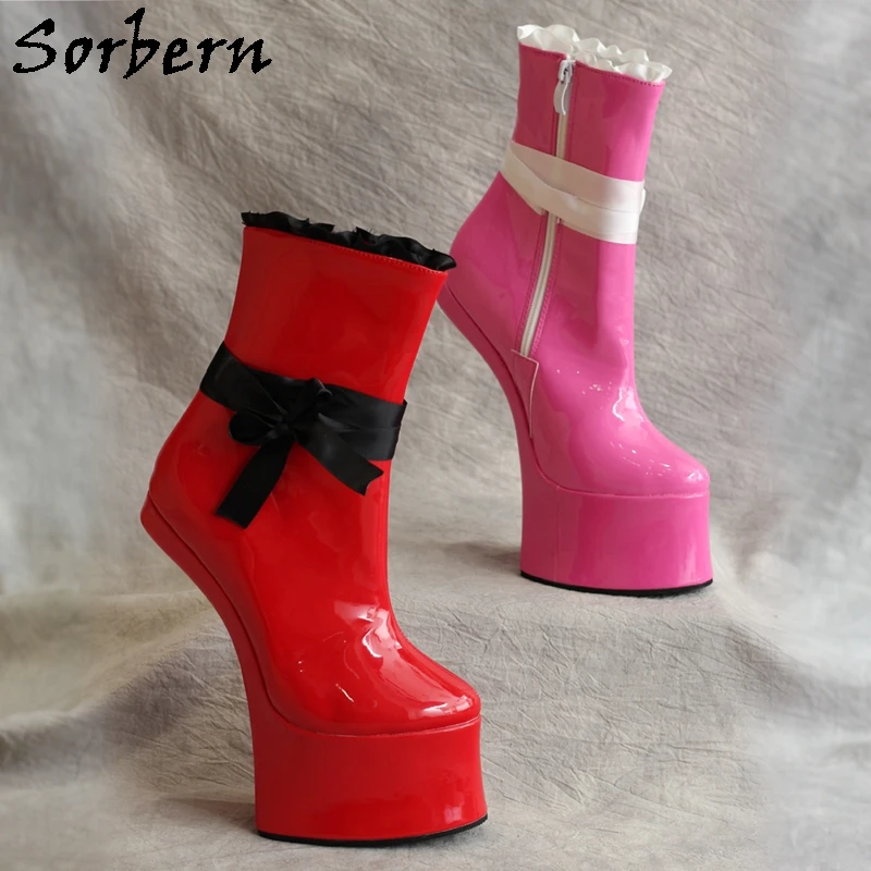 Sorbern Exotic Bowknot Horse Heel Boots Ankle High Heelless Comfortable