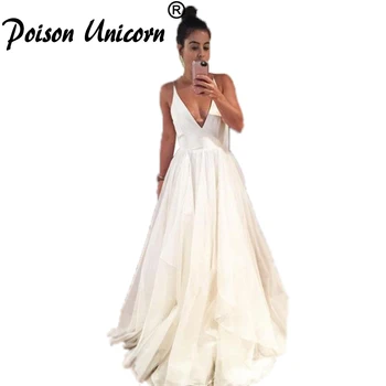 

Simple Spaghetti Straps Sleeveless A-line Beach Wedding Dresses Deep V-Neck Chiffon Backless Boho Bridal Gowns