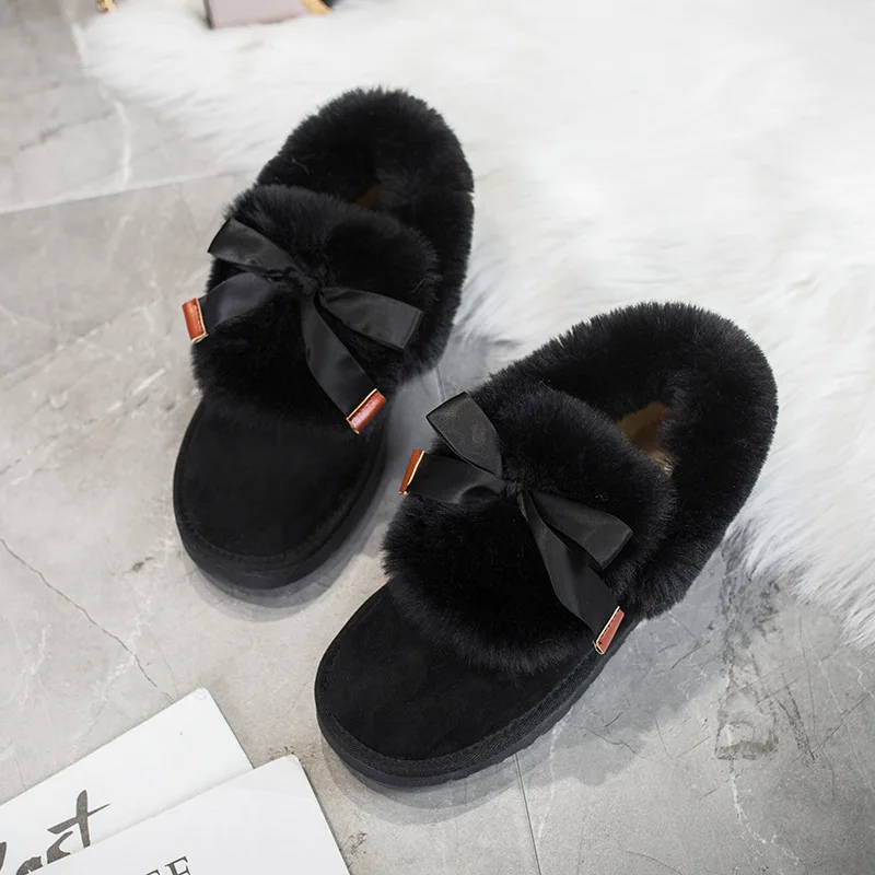 SWYIVY зимняя обувь на меху с бантиком женские зимние ботинки г., женские меховые ботильоны на плоской подошве теплые зимние ботинки на меху - Цвет: Black