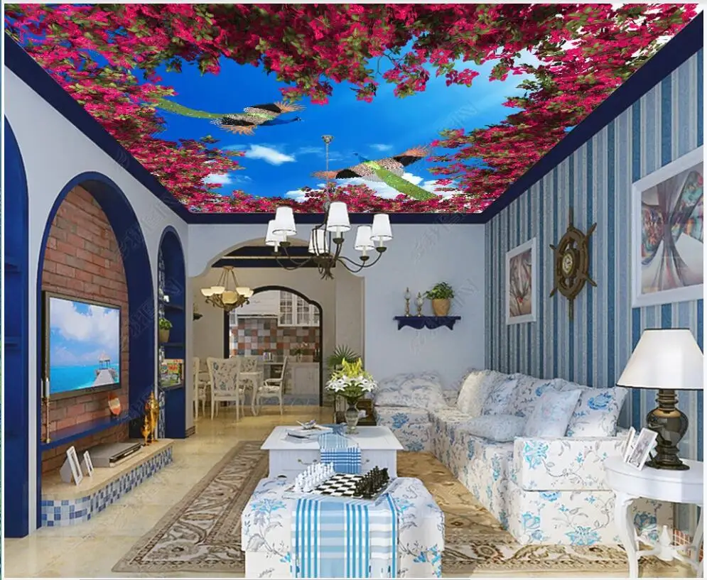 

3d ceiling murals wallpaper custom photo Peacock plum blue sky background home decor 3d wall mural wallpaper in the living room