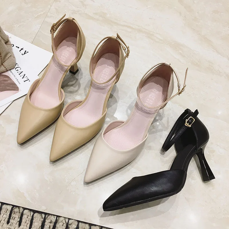 

French GIRL'S High Heel Shoes Online Celebrity 2020 New Style Spring Versatile Pointed-Toe Black Word Buckle Thin Heeled Shoes W