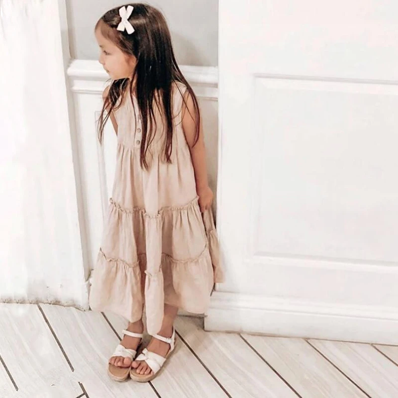 

New Girls Summer Dress Cotton And Linen Dress For Girls Casual Dresses Long Style Children Clothing Sleeveless Kids Vestidos