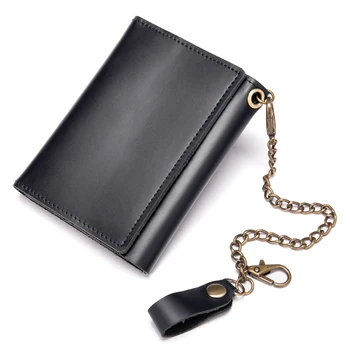 

Minimalist RFID Blocking Wallet Oil Wax Leather Short Wallets with Chain Black Trifold Genuine Cowhide Leather Coin Purse 2020