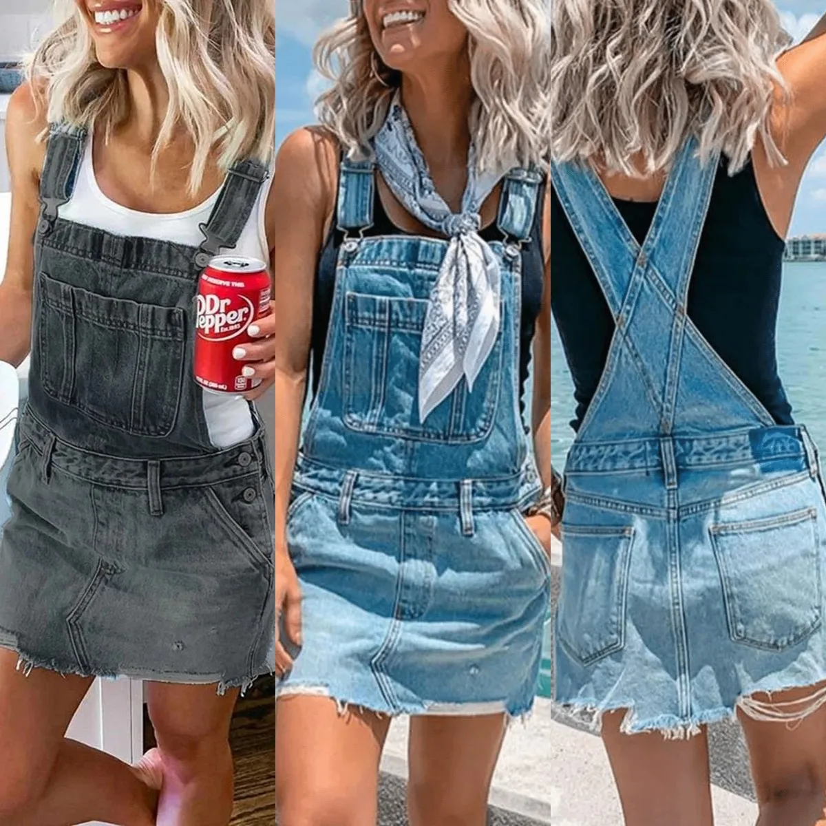Faldas para mujer, novedad de verano, Falda vaquera con tirantes y Bolsillo grande, ceñida, con estampado de tirantes y Falda vaquera