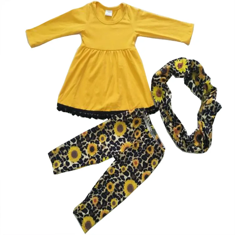 

2019Autumn Girls And Yellow Long Sleeve Dress Girls Round Collar Outfit Sunflower Print Trousers Boutique Set With Collar