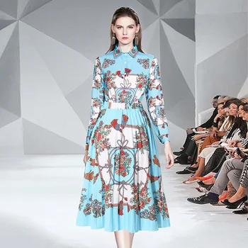

New arrival Runway spring Elegant Women flower Floral Printed Pleated Skirts + long sleeve Printed shirts 2pcs set suit