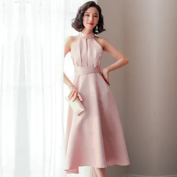 

2020 hot sale Women sexy elegant sleeveless Halter evening banquet dresses women summer solid color party dress black Vestido