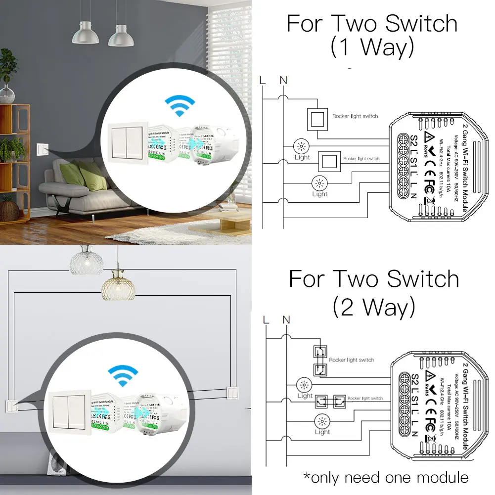 2 Gang 2 Way Wifi Smart Light Switch Diy Breaker Module Smart Life/Tuya APP Remote Control,Working with Alexa Echo Google Home
