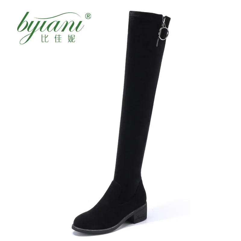 

2019 Winter Over-the-knee Boots Women's Side Zipper Lace-up Boots round-Toe Suede Chunky-Heel Thin Boots Online Celebrity Fashio