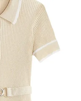 

Women Knit Mini Dress Short Sleeve Contrast Color Turn-down Collar 2020 Early Autumn Female Knitted Dresses with Sashes