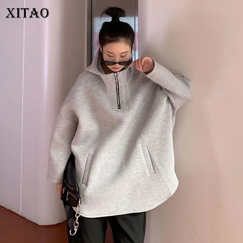light WLD2997 XITAO плюс размер женские толстовки модные новые необычные карманные элегантные маленькие свежие толстовки с капюшоном и воротником с длинным рукавом повседневные толстовки WLD2997 - Цвет: light WLD2997