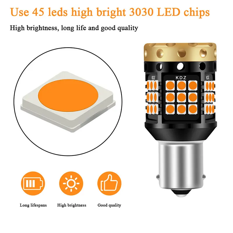 2 шт., 12 V-24 V P21W PY21W BA15S BAU15S 1156 S25 3030 45SMD автомобильный сигнал поворота Задний фонарь Авто противотуманных фар ДРЛ огни желтого цвета с can-bus