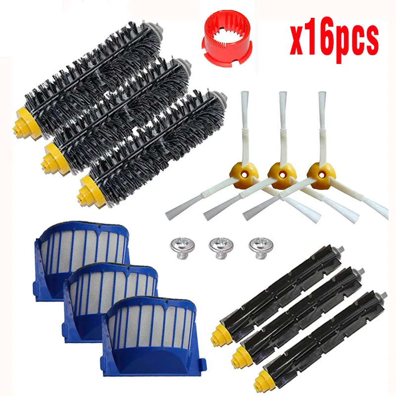 16pcs-set Совместим с iRobot Roomba серии 600 щетина и гибкая щеточка для взбивания 3-Armed Brass Aero Vac Фильтры комплект запасных частей чистящие наборы - Цвет: 16pcs-set