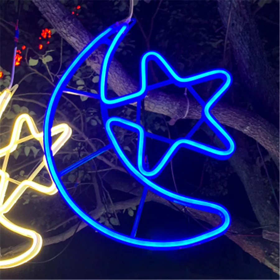 thumbnail image 1 of Guirnalda de luces navideñas con forma de estrella y luna de neón para exteriores, jardín, patio, parque, plaza, árbol, lámpara colgante para bodas, fiestas, paisajes, 1 of 5