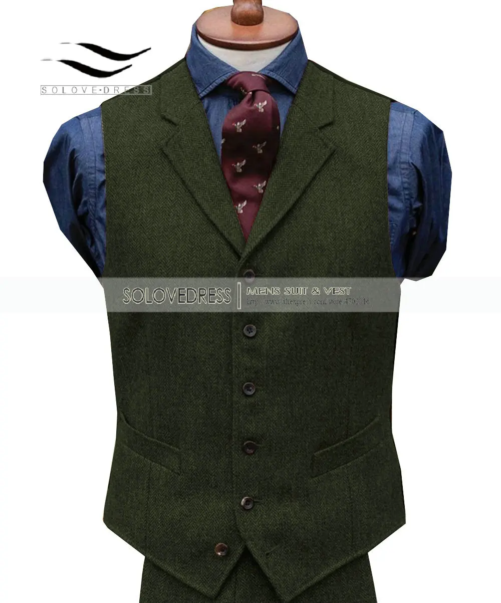 Mens Suit Vest Casual Vintage Sleeveless Herringbone Groomman for Wedding Tweed Waistcoat Plaid Vest 2