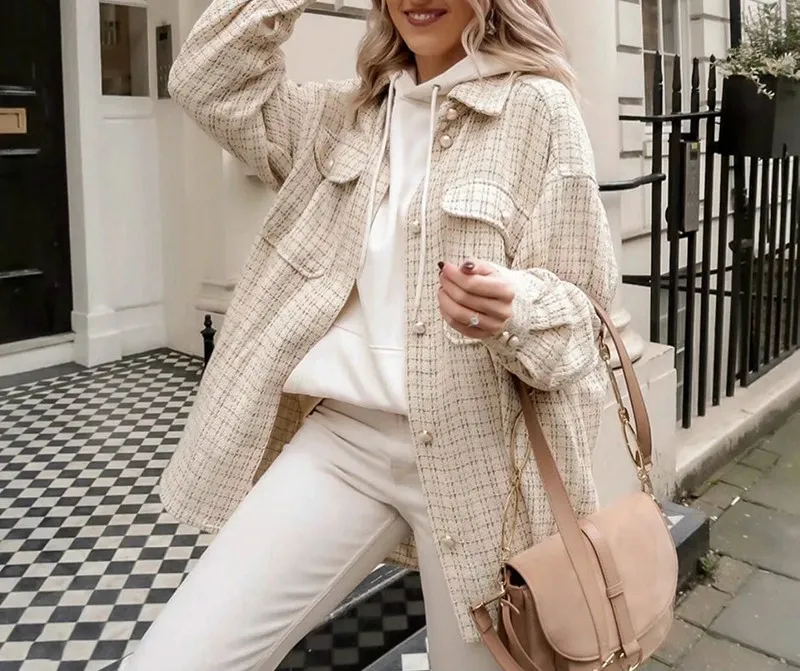 

2020 Autumn Tweed Women Vintage Oversize Plaid Long Shirts Chic Ladies Streetwear Loose Shirt Elegant Female Outfits Girls
