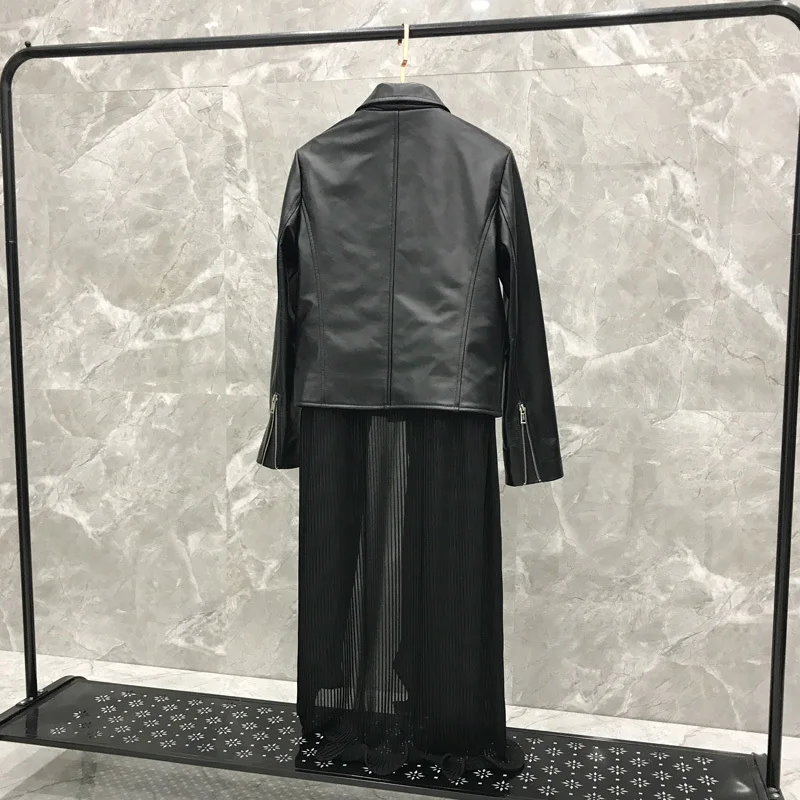 

2020 Autumn Coat Female Short Section Korean Version of The Self-cultivation Motorcycle Tulle Skirt Real Leather Jacket