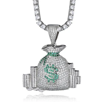 

Money Bag Stack Iced Cash Coins Pendant Necklace Chain Charm Cubic Zircon Men's Hip Hop Jewelry For Gift