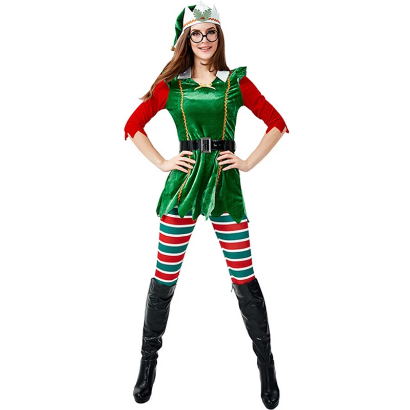 Женский Рождественский костюм зеленый сексуальный Рождественский костюм эльфа косплей для взрослых женский зеленый костюм Санты помощник на Рождество Outf