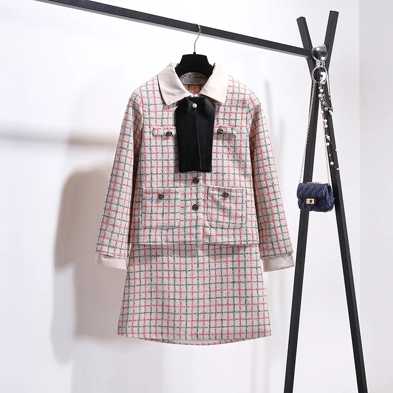 

Autumn 2019 New Style Temperament Black Tie Plaid Jacket with Tweed Half-length Skirt Two-piece Suit Women Two Piece Outfits
