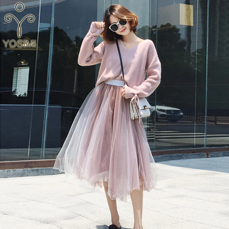 

YOSIMI Women Two Piece Outfits 2019 Autumn Loose Cotton Full Sleeve Pullover V-Neck Pink Sweater and Mesh Skirt Elastic Mid-Calf