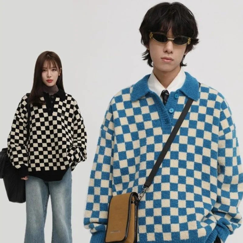 

ZAZOMDE Plaid Sweaters Men Retro Chic Oversize V-neck Long Sleeve Knitted Sweaters Outerwear Harajuku High Street Couple Pllover