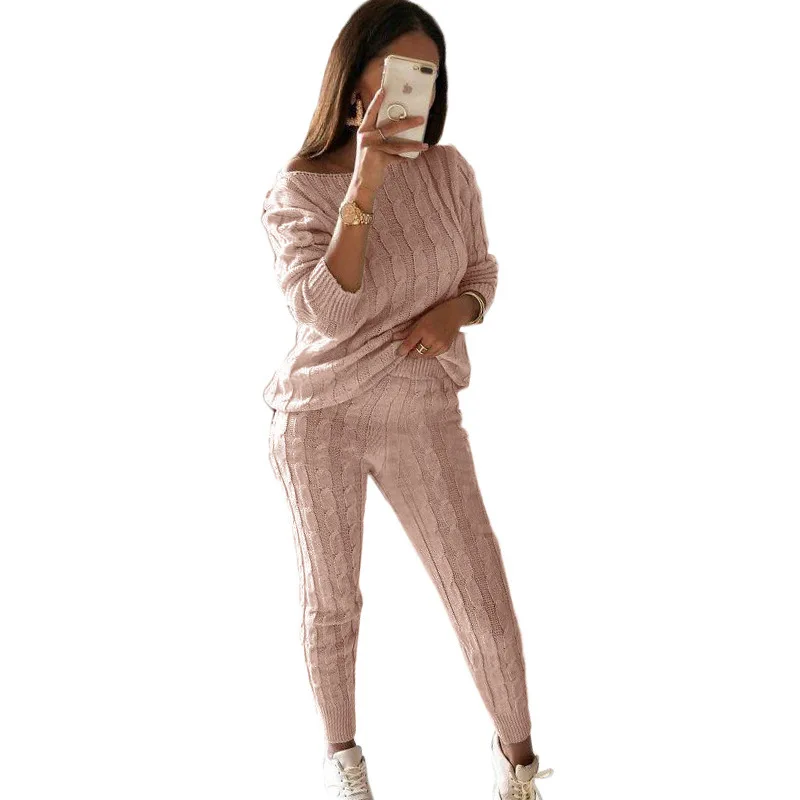 Осенне-зимний женский теплый вязаный комплект из двух предметов, свитер, топы, штаны, толстая шерсть, вязанный на одно плечо, длинный рукав, повседневный костюм размера плюс - Цвет: pink