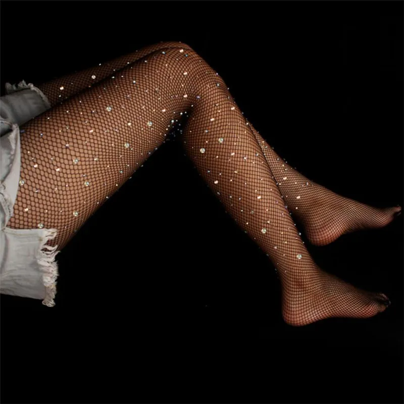 

Women Bling Crystal Rhinestone Fishnet Stockings Big Fishnet Mesh Tights Sexy Diamond Bling Pantyhose For Nightclub Dance Party