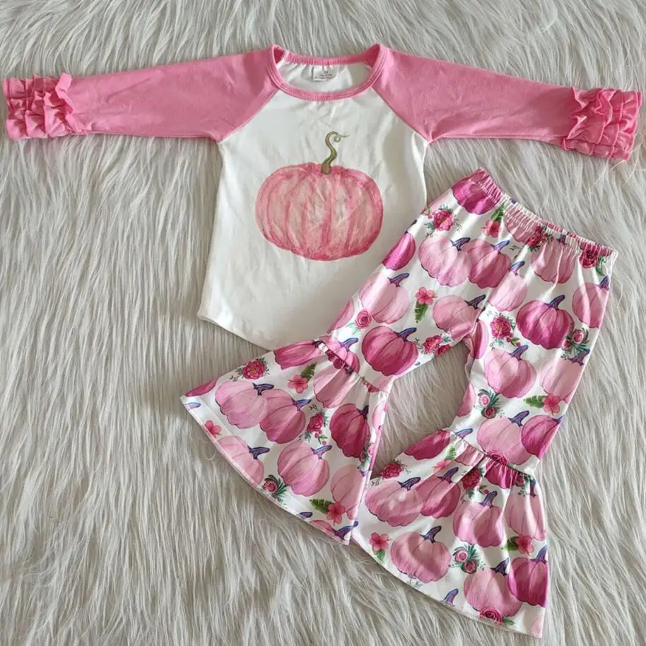 

RTS baby girls fall pink pumpkin icing long sleeve raglan top bell bottom pants 2pcs wholesale kids boutique clothes clothing