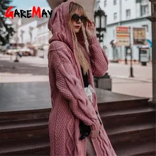 Женские свитера зима размера плюс длинный свитер пальто корейский вязаный свитер с капюшоном куртка длинные женские кардиганы шерстяной свитер