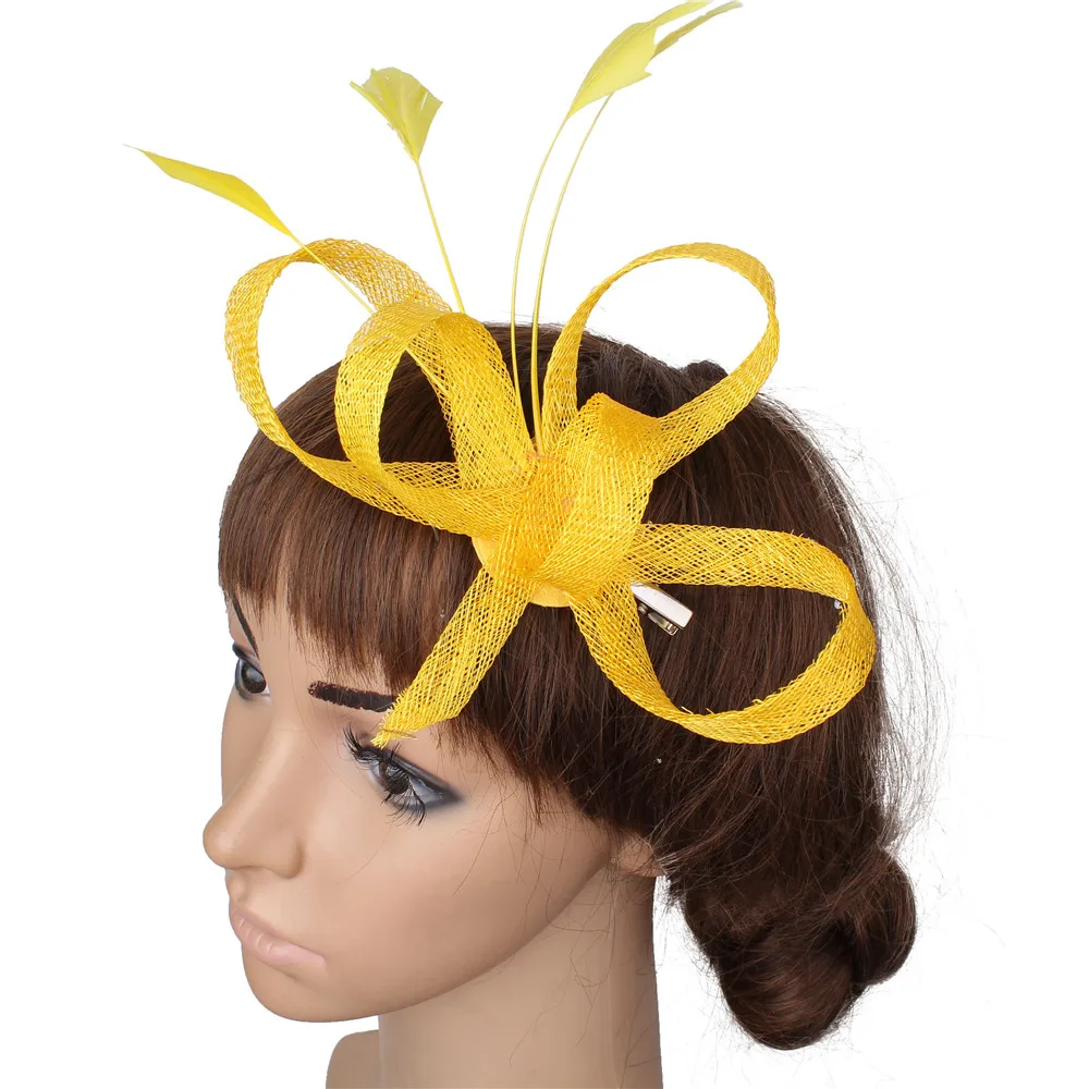 

Yellow Sinamay Hair Fascinator Hat With Hair Clip Elegant Women Ladies Show Race Party Headwear Fancy Feather Formal Dress Lady