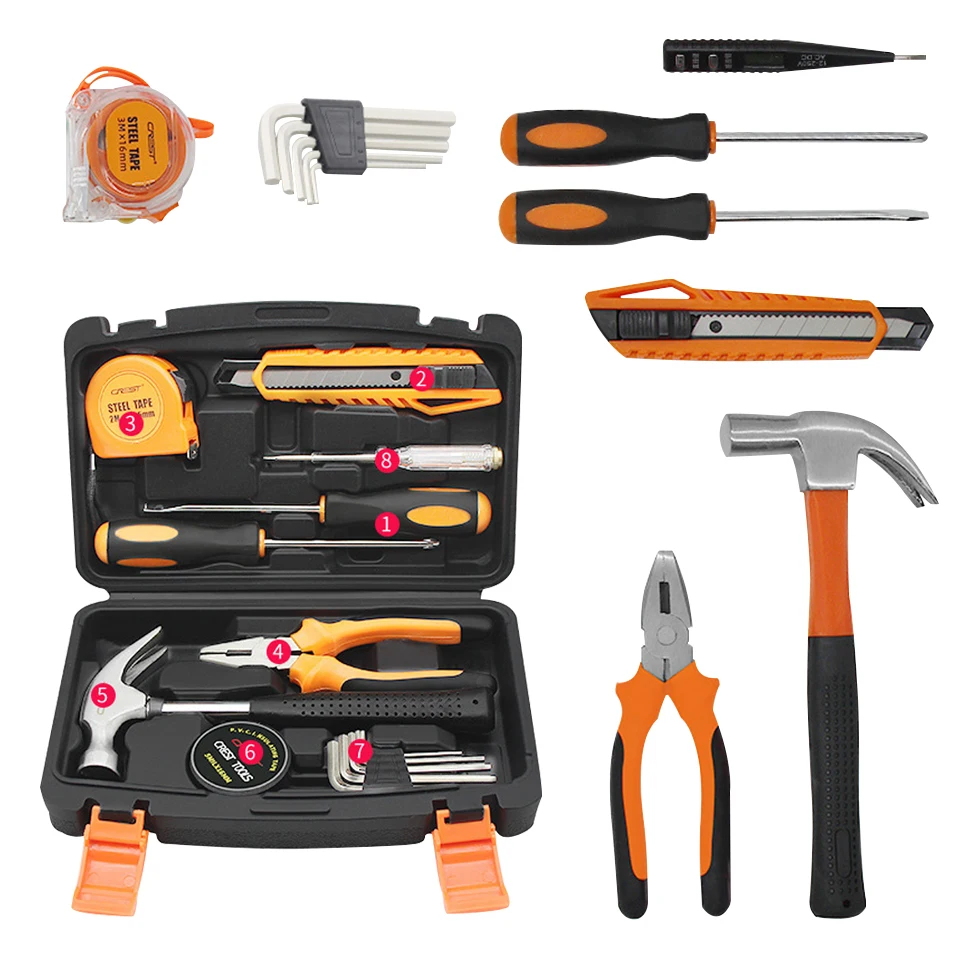 

14 Piece Hand Tool Set Kit Saw Screwdriver Hammer Tape Measure Wrench Plier Utility knife with Plastic Toolbox Storage Case