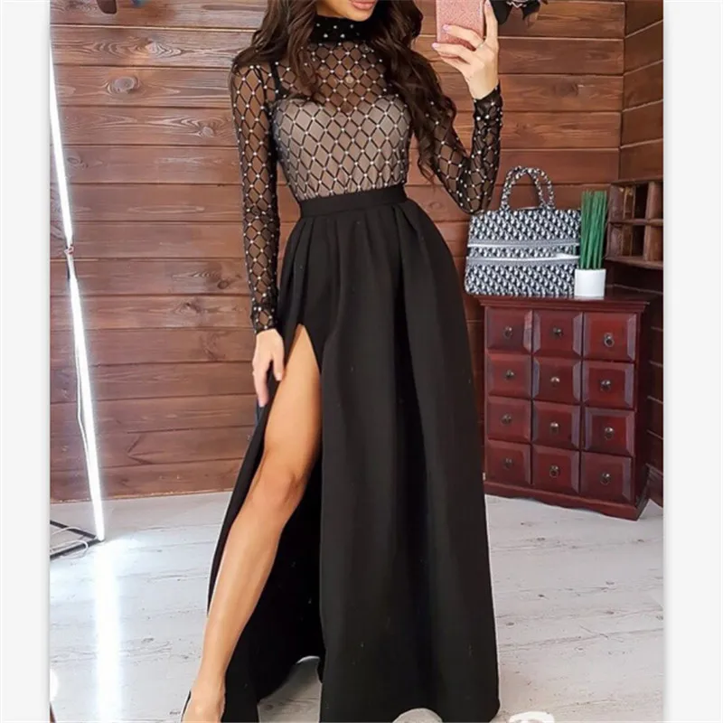 

Womens Maxi Split Dress 2019 Summer Mesh Long Sleeve Elegant Boho Tunic Diamonds Plus Size Evening Party Long Dresses