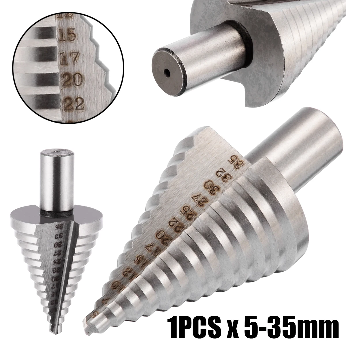 1pc HSS Step Cone Drill Bit Triangle Round Shank Spiral Grooved Wood Hole Cutter 5/7/10/12/15/17/20/22/25/27/30/32/35mm