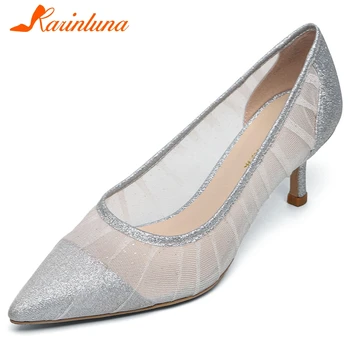 

Karinluna 2020 Fashion New High Quality Mesh Comfortable Shoes Woman Pumps Female Thin Heels Pointed Toe Office Lady Pumps Women