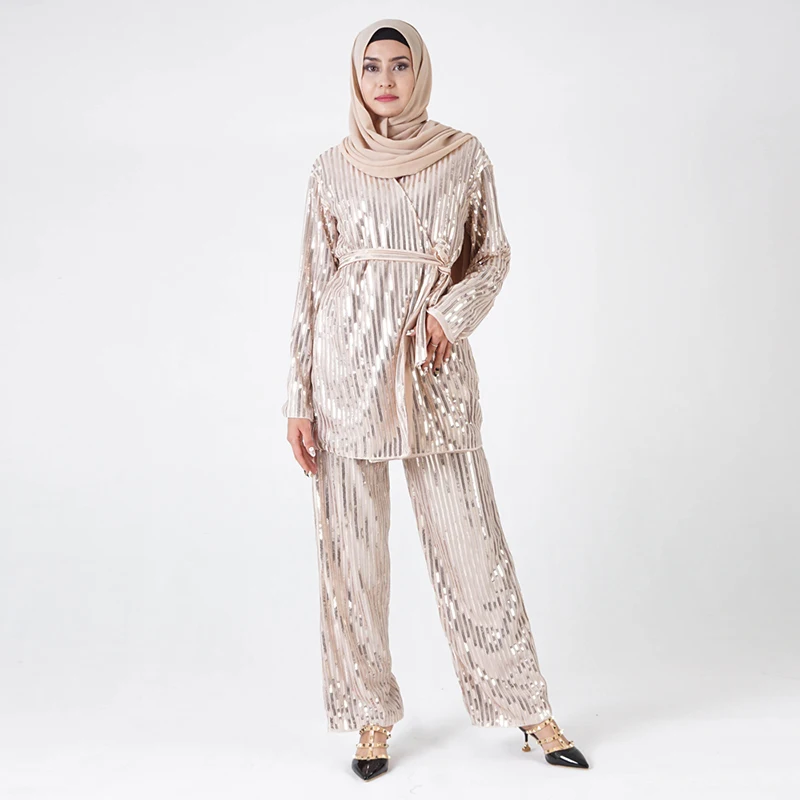 Блесток abaya Дубай мусульманский Топ ансамбль Femme 2 шт. Pantalon Оман Пакистан Исламская молитва одежда для женщин хиджаб платье комплект