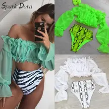 SparkDora 2020 Chiffon Long Sleeve Lace Bikini Snake Sexy Swimwear Split Swimwear set padded bra ladies bandeau bathing suit SparkDora 2020 Chiffon Long Sleeve Lace Bikini Snake Sexy Swimwear Split Swimwear set padded bra ladies bandeau bathing suit