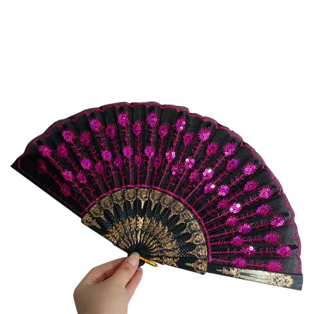 Испанский Кружевной Шелковый складной ручной вентилятор с блестками танцевальный веер цветочный узор для вечерние свадебные веера свадебные сувениры L0730 - Цвет: H