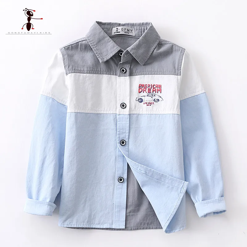 

Kung Fu Ant 2020 Spring Casual Full Sleeve Cotton Three-color stitching Children's Shirt 4-12year Turn-Down Collar Boy Shirt
