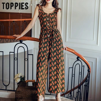 

2020 summer printing jumpsuit women drawstring waist overalls sandy beach wide leg jumpsuit korean vacation clothes
