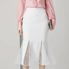Пикантная Черная кружевная юбка русалки, белые юбки средней длины, женские элегантные узкие юбки с высокой талией и сеткой, falda, Весенняя Офисная Женская рабочая деловая юбка za