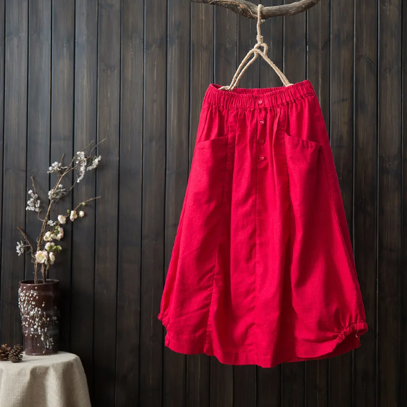 Осенняя юбка в стиле ретро, Женская юбка с эластичной резинкой на талии, свободная, с карманами, на пуговицах, однотонная, однотонная, повседневная, Женская юбка - Цвет: Красный