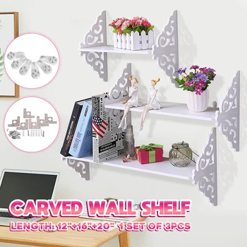 

3Pcs PVC Carved Wall Hanging Shelf Bookshelf Goods Convenient Rack Storage Holder Punch Free Home Bedroom Decoration White