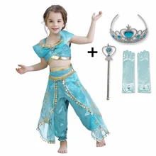 Летнее платье принцессы для девочек; арабское платье цвета жасмин-ап; Детский костюм без рукавов с блестками; маскарадная нарядная одежда; Детские вечерние платья