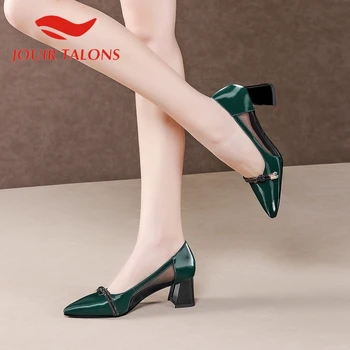 

JOUIR TALONS 2020 New Arrivals Genuine Leather Women Sandals Hoof Heels Pointed Toe Pumps Summer Office Lady Women Shoes
