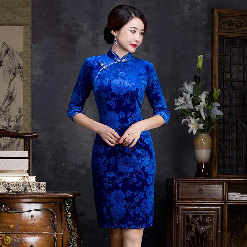 

2019 Real Spandex New Women's Wear Qipao Dress Fashion Cheongsam Wholesale Velvet Printing Cultivate Morality In A Undertakes