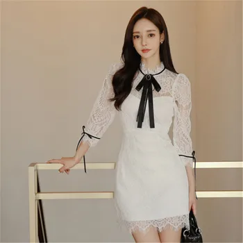 

Korean Fashion Temperament Office Women's Slim Lace Dress Elegant Neckline Bow Set in Drill Sexy Hollowing Lace Tassels Dress